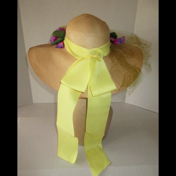 VTG 60's Wide Brim Natural Straw Hat wVeil Flowers Yellow Ribbon Bergdorf France - Picture 6 of 11
